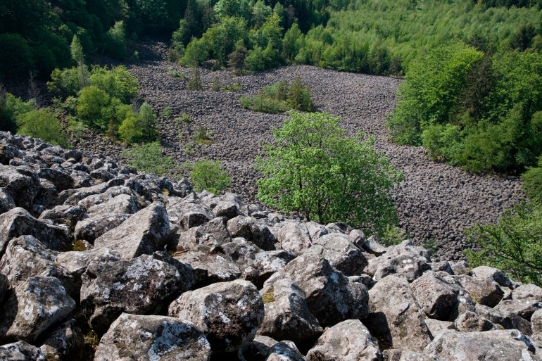 Blockmeer basalt rocks at Schafstein mountain, near Ehrenberg Wuestensachsen, Rhoen (Rhön) Hesse, Germany.