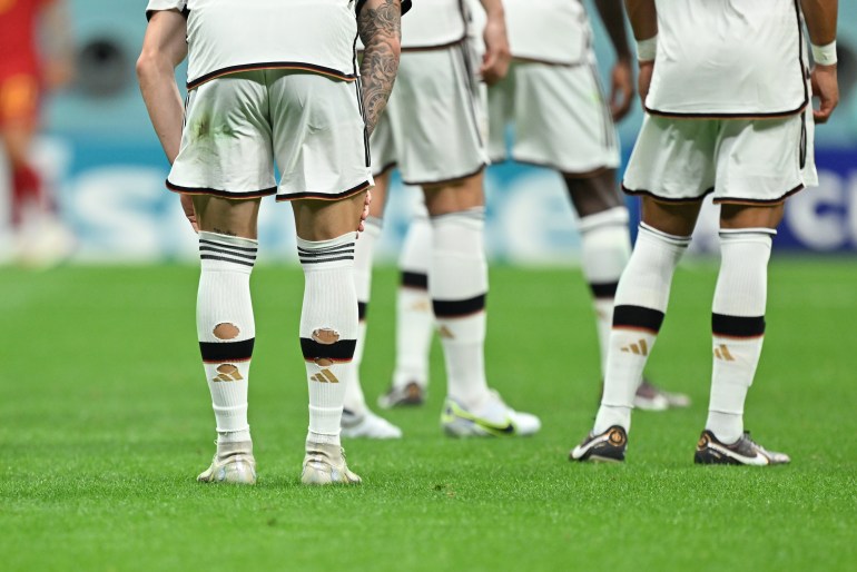 AL KHOR, QATAR - NOVEMBER 27: Socks of a Germany's player are seen ripped during the FIFA World Cup Qatar 2022 Group E match between Spain and Germany at Al Bayt Stadium on November 27, 2022 in Al Khor, Qatar. (Photo by Mustafa Yalcin/Anadolu Agency via Getty Images)