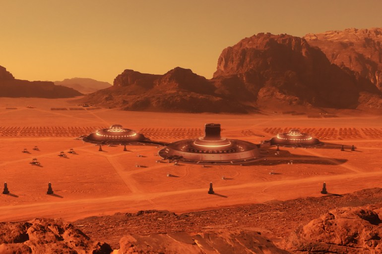 Mars base surrounded by mountains. Red sand and rocks with footprints on the ground. Looking for new Earth concept. NASA Public Domain Imagery