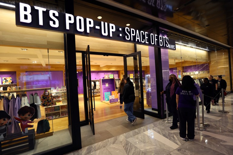 Customers file into a BTS Pop-Up store featuring items of International K-Pop sensation BTS for sale, the seven member group from South Korea during it’s opening at The Shops & Restaurants at Hudson Yards in Manhattan in New York City, New York, U.S., April 17, 2023. REUTERS/Mike Segar