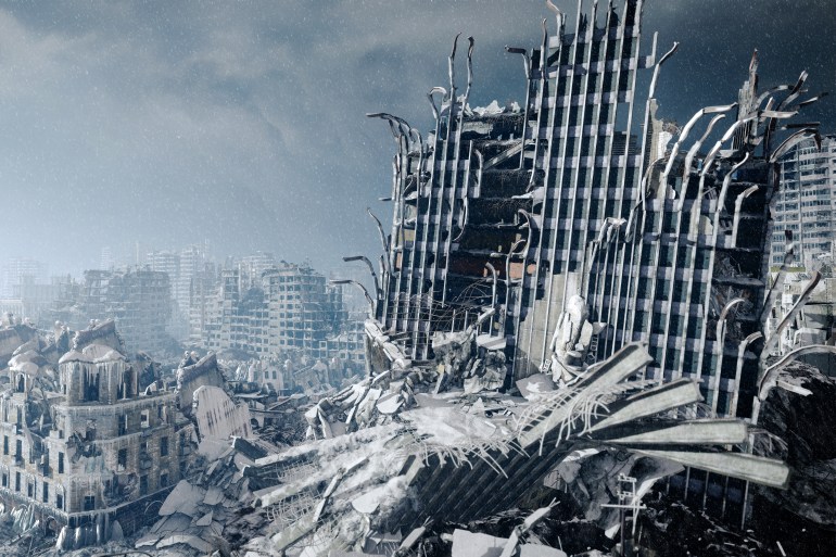 Digitally generated accurate scene of destroyed city/post nuclear urban scene with ruined architecture (nuclear winter).