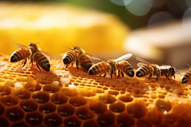 Close-up of bees on honeycomb -