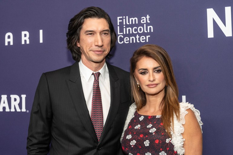 Adam Driver and Penelope Cruz wearing dress by Chanel attend premiere of biopic Ferrari during closing night of New York Film Festival at Alice Tully Hall in New York on October 13, 2023