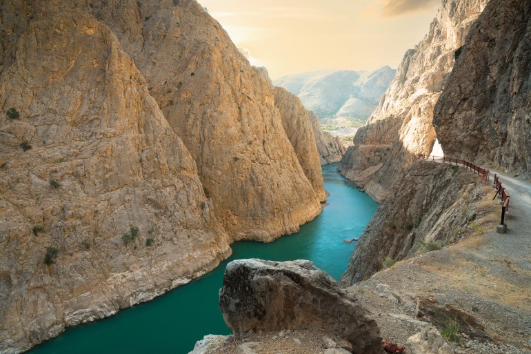 Sunrise in the Dark Canyon. The Dark Canyon is a canyon formed by the Karasu River on the Munzur Mountains in the Kemaliye district of Erzincan province. Turkey ; Shutterstock ID 2181754051; purchase_order: AJA; job: ; client: ; other: