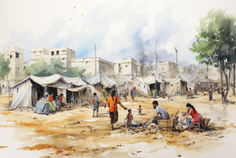 Families of men, women and children displaced in tents during the Israeli war on Gaza next to a hospital that was subjected to an air strike in the Gaza Strip