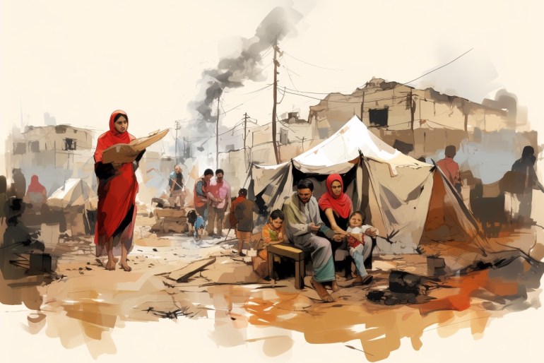 Families of men, women and children displaced in tents during the Israeli war on Gaza next to a hospital that was subjected to an air strike in the Gaza Strip