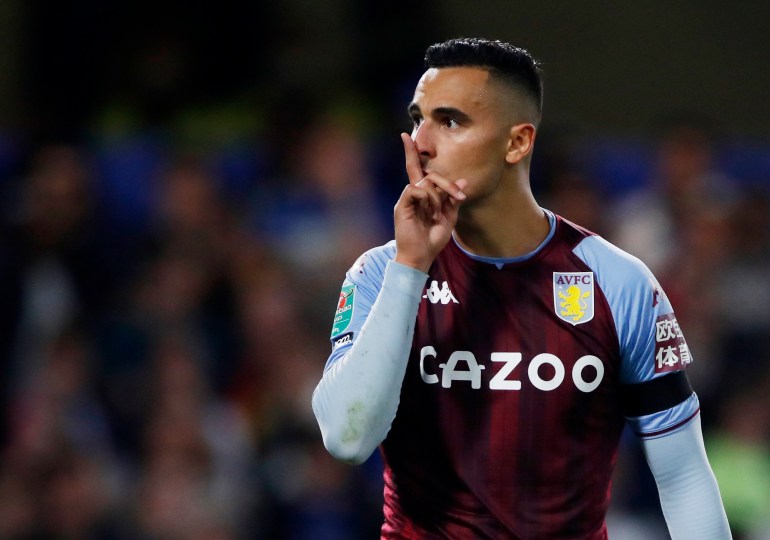 Soccer Football - Carabao Cup - Third Round - Chelsea v Aston Villa - Stamford Bridge, London, Britain - September 22, 2021 Aston Villa's Anwar El Ghazi celebrates after scoring his penalty during the shoot-out Action Images via Reuters/Paul Childs EDITORIAL USE ONLY. No use with unauthorized audio, video, data, fixture lists, club/league logos or 'live' services. Online in-match use limited to 75 images, no video emulation. No use in betting, games or single club /league/player publications. Please contact your account representative for further details.