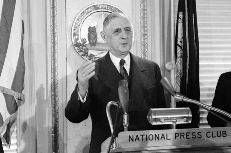 French President Charles de Gaulle (1890 - 1970) speaks at the National Press Club, Washington DC, April 23, 1960. (Photo by Benjamin E. 'Gene' Forte/CNP/Getty Images)