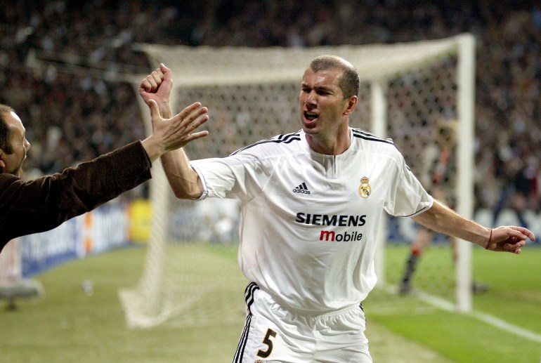 REAL MADRID'S ZIDANE CELEBRATES GOAL AGAINST BAYERN MUNICH DURING CHAMPIONS LEAGUE MATCH IN MADRID.