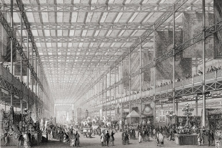 Interior Of The Great Exhibition Of The Works Of Industry Of All Nations In Hyde Park, London, England, 1851.From Cyclopaedia Of Useful Arts And Manufactures By Charles Tomlinson. (Photo by: Universal History Archive/Universal Images Group via Getty Images)