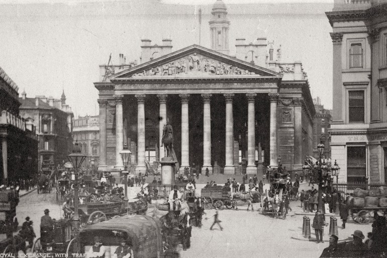 The Royal Exchange, London, late 19th or early 20th century. The Royal Exchange in the City of London was founded in 1565 by Sir Thomas Gresham to act as a centre of commerce for the city. The present Royal Exchange building is the third to occupy the site, the previous two having been destroyed by fires in 1666 and 1838 respectively. Completed in 1844, it was designed by Sir William Tite. (Photo by The Print Collector/Print Collector/Getty Images)