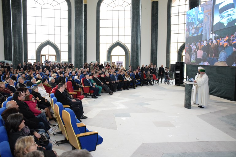 TIRANA, ALBANIA - MARCH 22: Albanian religious leader and the world leader of the Bektashi Order, Edmond Brahimaj, Grandfather Hajji Baba Mondi, delivers a speech during Newroz ceremony at the World Bektashi Center in Tirana, Albania on March 22, 2015. (Photo by Olsi Shehu/Anadolu Agency/Getty Images)