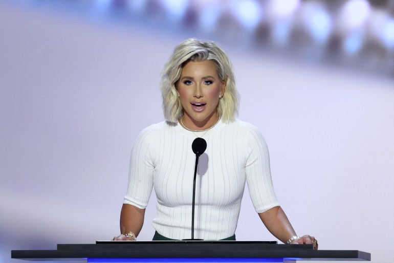 Television personality Savannah Chrisley speaks during Day 2 of the Republican National Convention (RNC), at the Fiserv Forum in Milwaukee, Wisconsin, U.S., July 16, 2024. REUTERS/Mike Segar