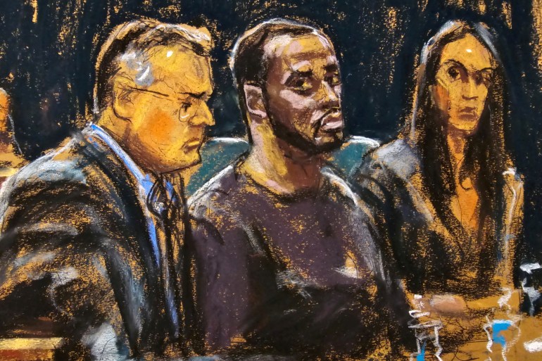 Sean "Diddy" Combs and his defense lawyers Marc Agnifilo and Teny Geragos are seated during a bail hearing in federal court in the Manhattan borough of New York City, U.S., September 18, 2024 in this courtroom sketch. REUTERS/Jane Rosenberg