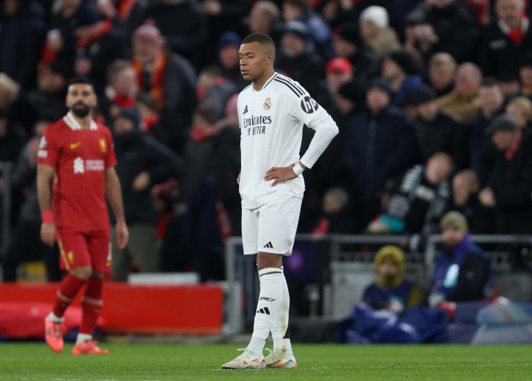 LIVERPOOL, ENGLAND - NOVEMBER 27: Kylian Mbappe of Real Madrid looks dejected during the UEFA Champions League 2024/25 League Phase MD5 match between Liverpool FC and Real Madrid C.F. at Anfield on November 27, 2024 in Liverpool, England. (Photo by Crystal Pix/MB Media/Getty Images)