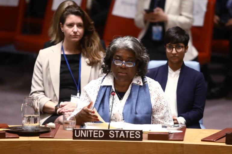 US Ambassador to the United Nations Linda Thomas-Greenfield speaks during a UN Security Council meeting on the theme of "Leadership for Peace" at the United Nations headquarters in New York City on September 25, 2024. (Photo by Leonardo Munoz / AFP)