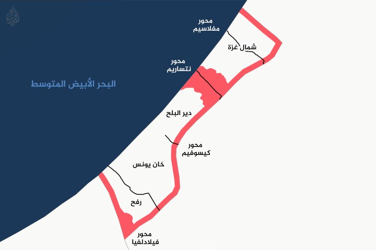 خارطة لقطاع غزة تظهر عليها 4 مناطق واسعة في مختلف أنحاء القطاع