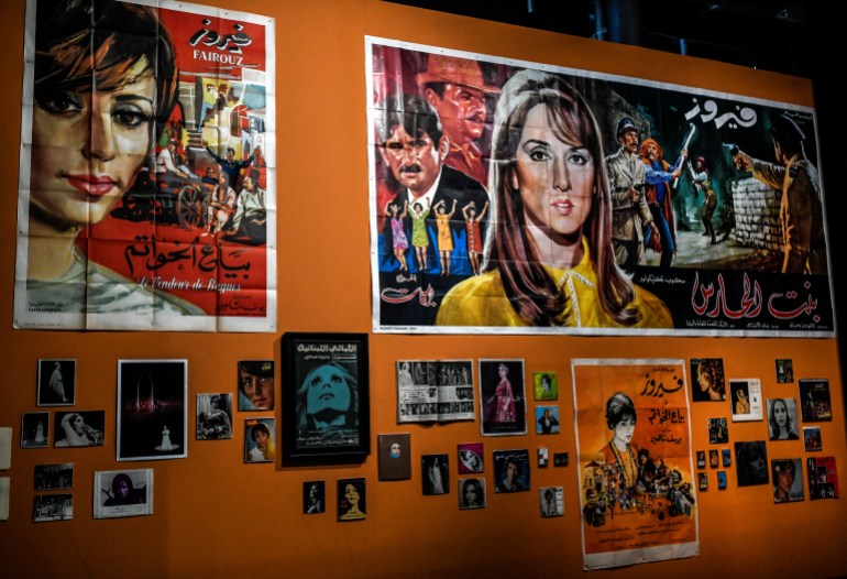 An area is dedicated to the Lebanese singer Fairuz, as part of the 'Divas' exhibition at the Arab World Institute (IMA)in Paris on August 19, 2021. (Photo by STEPHANE DE SAKUTIN / AFP)