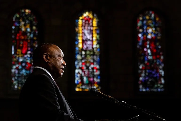 South African President Cyril Ramaphosa speaks at St George’s Cathedral [File: Jaco Marais/Pool via Reuters]