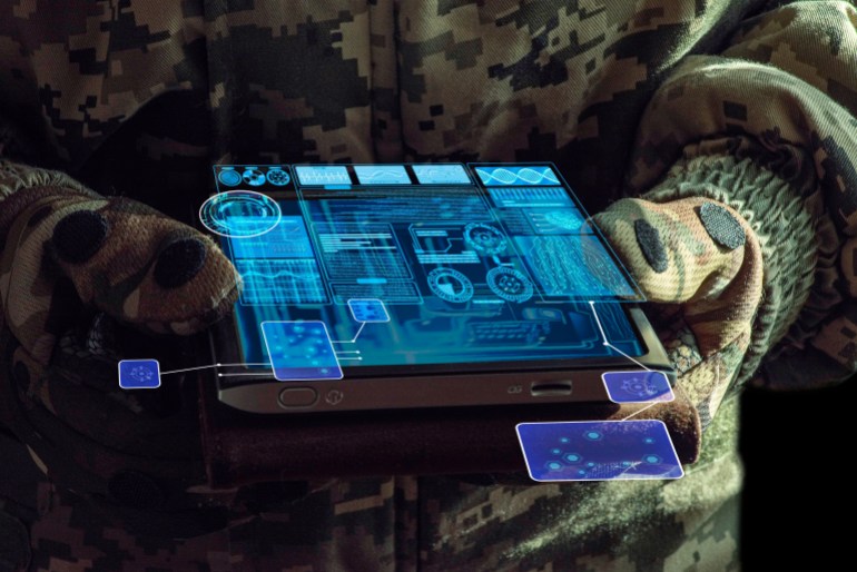 AI Command of the military forces on the tablet computer with augmented reality. Internet, Programming control with artificial intelligence, online coordination of the military team