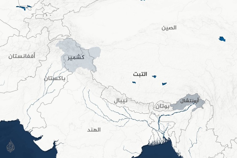 خريطة للحدود المشتركة بين الهند والصين وتظهر عليها منطقة ولاية أرونتشال، والتبت، وكشمير