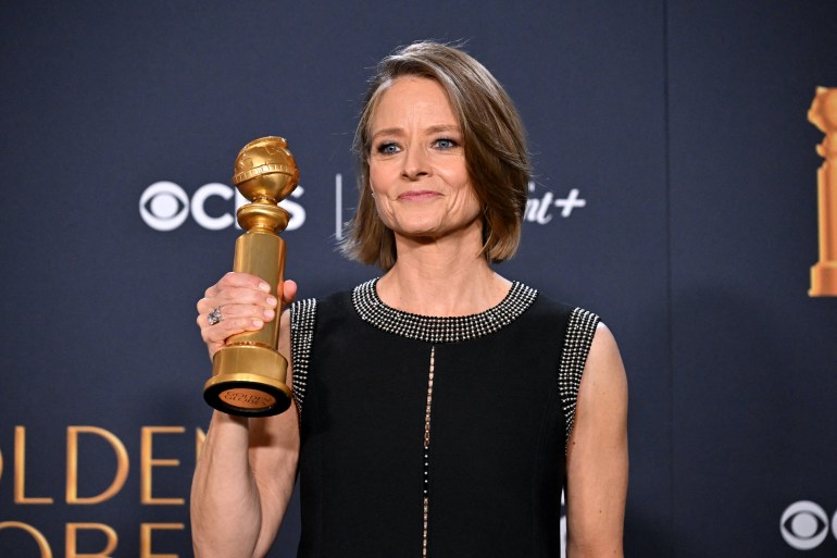 US actress Jodie Foster poses with the Best Performance by a Female Actor in a Limited Series, Anthology Series, or a Motion Picture Made for Television award for "True Detective: Night Country" in the press room during the 82nd annual Golden Globe Awards at the Beverly Hilton hotel in Beverly Hills, California, on January 5, 2025. (Photo by Robyn BECK / AFP)