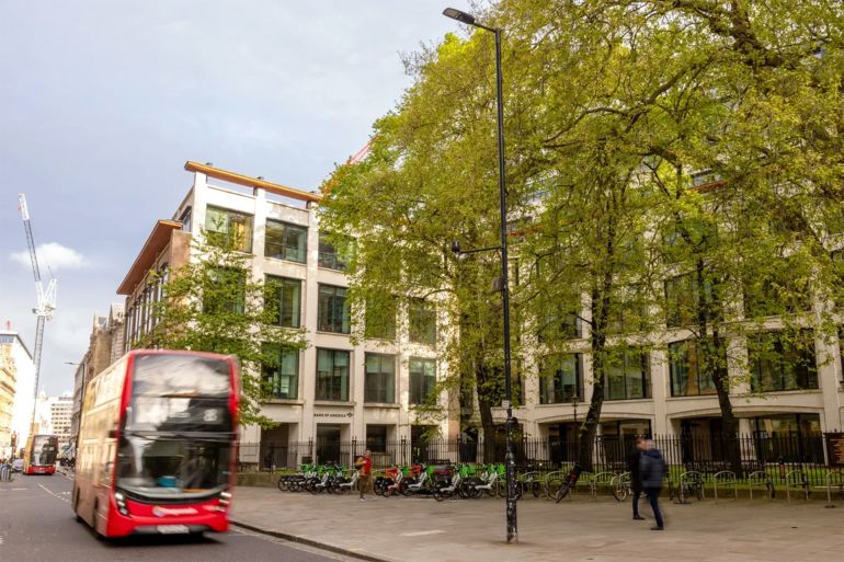 The office campus of Bank of America Corp., part of which has been taken back for a comprehensive overhaul by leaseholder Norges Bank Investment Management (NBIM), in London, UK, on Monday, April 22, 2024. Norway's $1.6 trillion sovereign wealth is dipping its toe into development projects as it prepares for a series of key lease expiries across its UK portfolio. Photographer: Jason Alden/Bloomberg via Getty Images