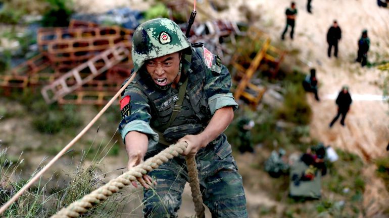 A Chinese paramilitary policeman takes part in a military training session in Xinzhou, Shanxi province, China September 17, 2017. Picture taken September 17, 2017. REUTERS/Stringer ATTENTION EDITORS - THIS IMAGE WAS PROVIDED BY A THIRD PARTY. CHINA OUT. NO COMMERCIAL OR EDITORIAL SALES IN CHINA.