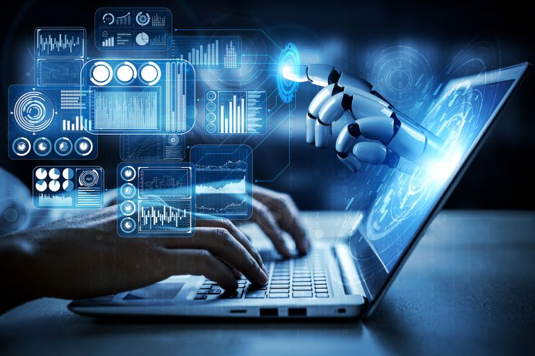 Artificial intelligence AI research of robot and cyborg development for future of people living. Digital data mining and machine learning technology design for computer brain communication.; Shutterstock ID 1627244407; purchase_order:A; job:; client:; other: