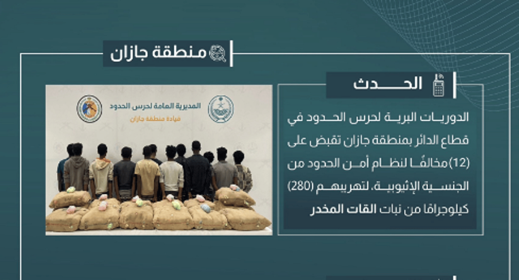 القبض على 12 مخالفًا لتهريبهم 280 كيلوجرامًا من القات في جازان