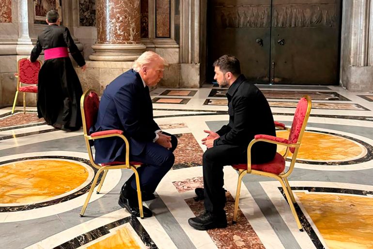 FILE - In this photo provided by the Ukrainian Presidential Press Office, President Volodymyr Zelenskyy, right, and President Donald Trump, talk as they attend the funeral of Pope Francis in St. Peter’s Basilica in Vatican City, April 26, 2025.(Ukrainian Presidential Press Office via AP, File)