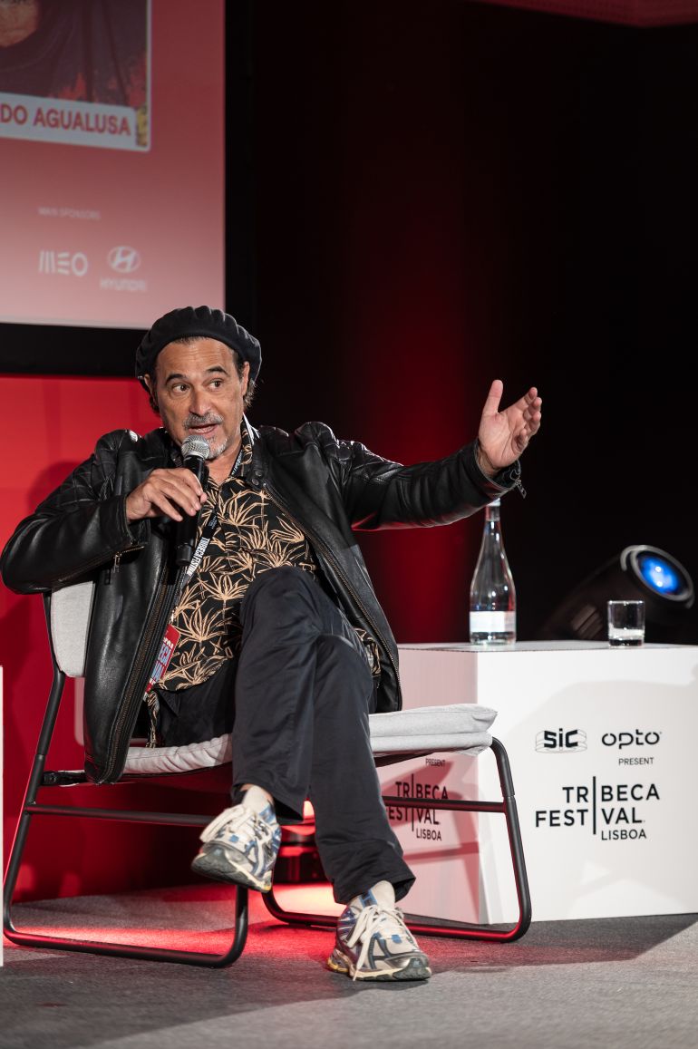 LISBON, PORTUGAL - OCTOBER 18: Author José Eduardo Agualusa speaks onstage during the "O Afinador de silêncios" panel on the Made in Portugal stage during day 1 of Tribeca Festival Lisboa on October 18, 2024 in Lisbon, Portugal. (Photo by Pedro Gomes/Getty Images)