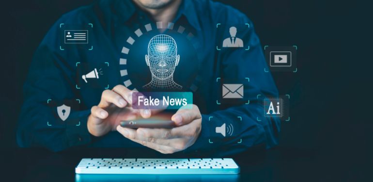 Fake News concept. Ai technology, Deepfake deep learning, deceptive stories, propaganda, lies, fabricated facts to control, manipulate opinion on internet and social media, person showing misleading