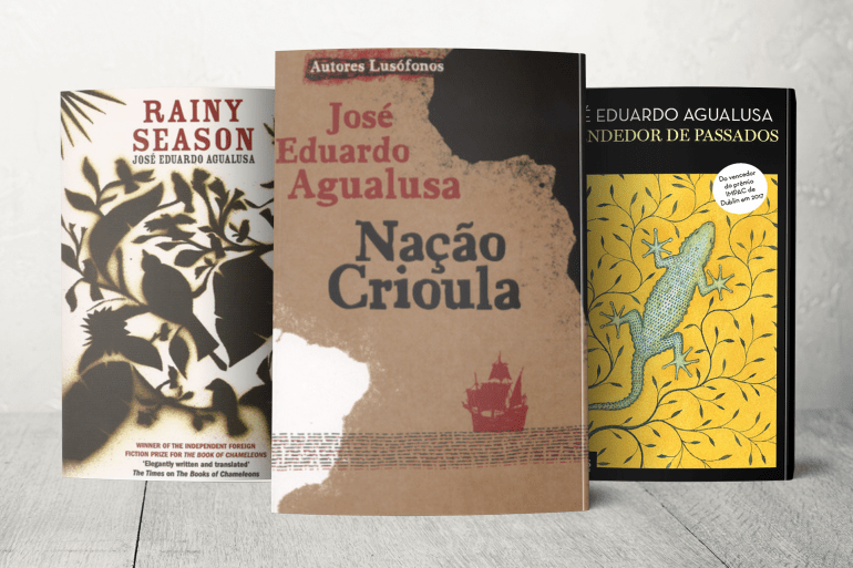 الروايات من اليمين بالترتيب، رواية "بائع الماضي"، رواية "الأمة الكريولية"، رواية "موسم الأمطار" (الجزيرة)