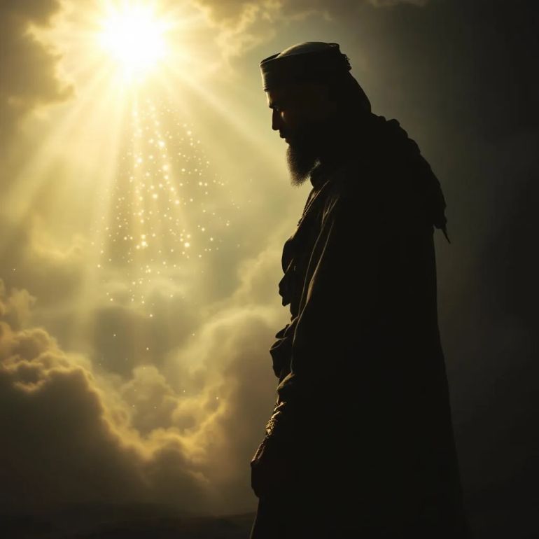 "An evocative, symbolic scene showing a silhouette of a standing figure dressed in traditional Islamic warrior attire, facing a radiant light source symbolizing divine presence and spiritual purity. Surrounding the figure are ethereal elements like an open Quran glowing softly, flowing desert winds, and gentle rays of light breaking through clouds. The atmosphere is serene and majestic, conveying deep faith, sincere intention, and the nobility of self-sacrifice without revealing the person's face or identity."