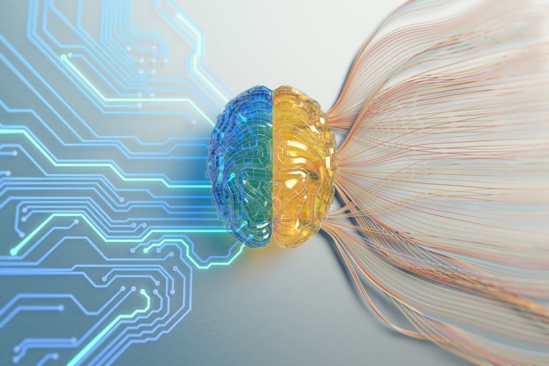 Artificial intelligence brain with circuitry and big data.