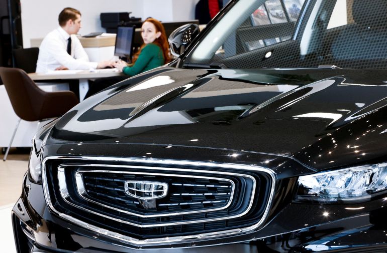 A car produced by Chinese automobile manufacturer Geely is on display for sale at a dealership in Moscow, Russia, March 23, 2023. REUTERS/Maxim Shemetov