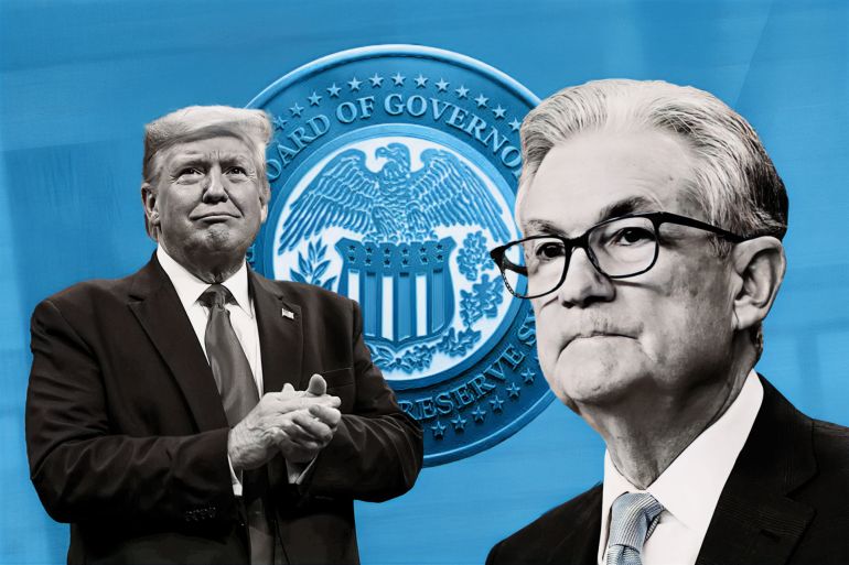 كومبو يجمع بين الرئيس الأميركي ترامب ورئي الاحتياطي الفدرالي جيروم باول Jerome Powell مع خلفية للفدرالي الأميركي Federal Reserve