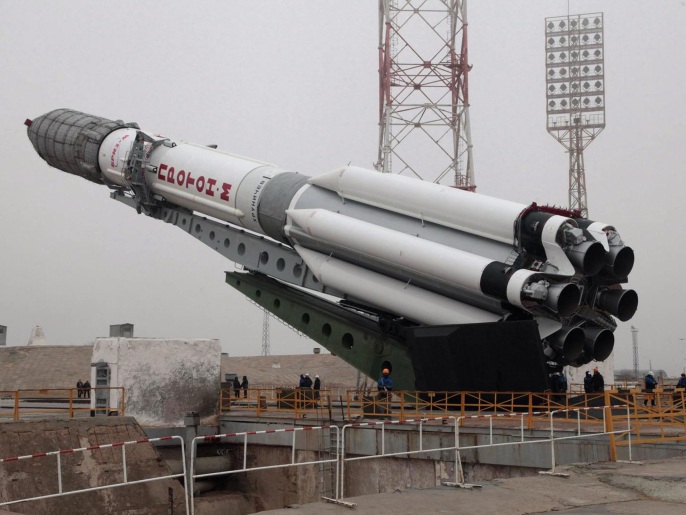A handout picture released by the Russian Federal Space Agency Roscosmos on 29 January 2016 shows a Proton-M launch vehicle with the European satellite Eutelsat 9B onboard while being mounted on its launch pad at the Baikonur Cosmodrome in Kazakhstan, 26 January 2016. The launch of the Proton-M rocket with Eutelsat 9B is scheduled for 30 January 2016. EPA/ROSCOSMOS PRESS SERVICE / HANDOUT