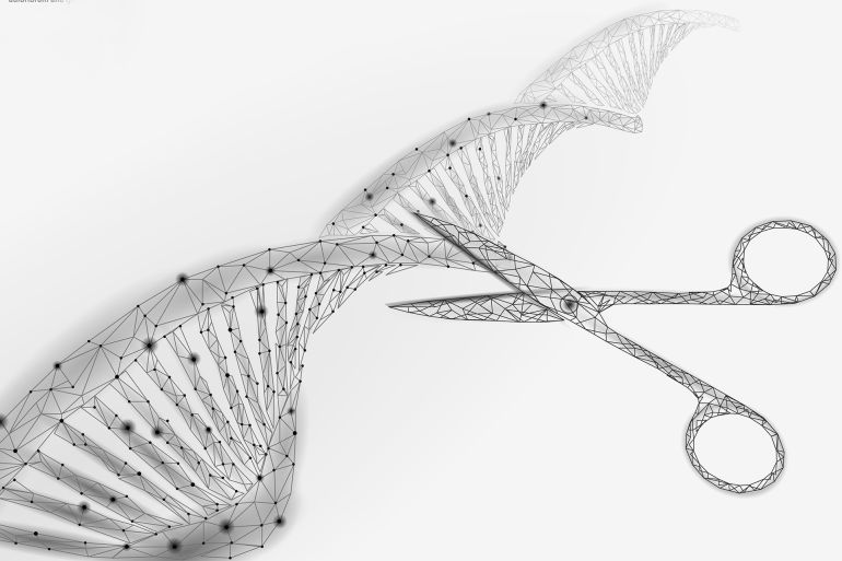 DNA 3D structure editing medicine concept. Low poly polygonal triangle gene therapy cure genetic disease. GMO engineering CRISPR Cas9 innovation modern technology science banner vector illustration - stock illustration DNA 3D structure editing medicine concept. Low poly polygonal triangle gene therapy cure genetic disease. GMO engineering CRISPR Cas9 innovation modern technology science banner vector illustration art GettyImages-1090873048