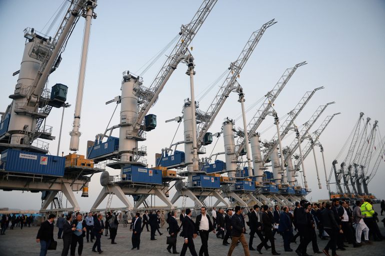 CHABAHAR, IRAN - FEBRUARY 25: Officials attend an inauguration ceremony for the first export convoy to India via Iran at Chabahar seaport in Chabahar, Iran on February 25, 2019. Afghan President Mohammad Ashraf Ghani on Sunday inaugurated the landmark trade corridor with India via the Chabahar port of Iran with maiden consignment of exports. (Photo by Fatemeh Bahrami/Anadolu Agency/Getty Images)