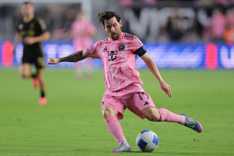 Apr 9, 2025; Ft. Lauderdale, Florida, USA; Inter Miami CF forward Lionel Messi (10) passes the ball against the Los Angeles FC during the first half at Chase Stadium. Mandatory Credit: Sam Navarro-Imagn Images