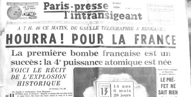 "مرحا لفرنسا" العنوان الرئيسي لصحيفة "باريس برس لانترونسيجون" يوم 13 فبراير/شباط 1960