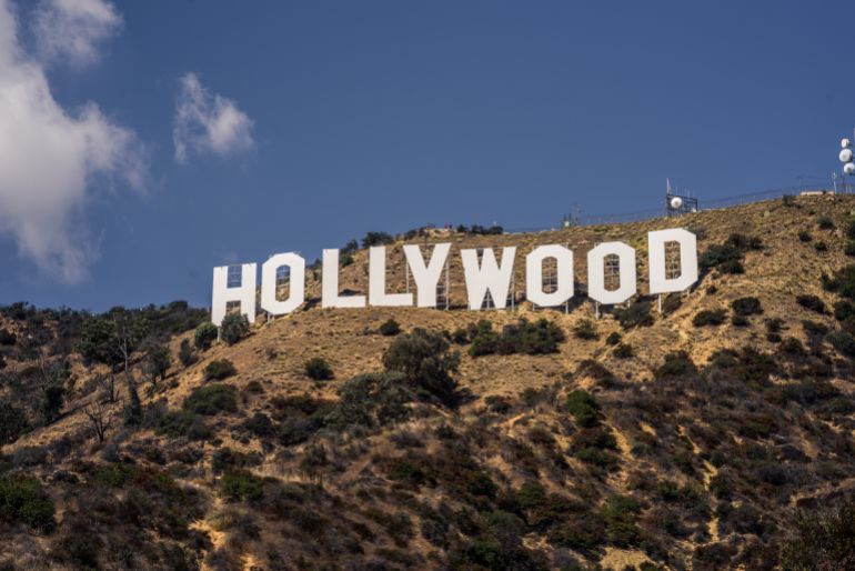 Los Angeles, California - 9/21/2017: Close up photo of Holywood sign taken from Mulholland Hwy during bright sunny day with blue sky.