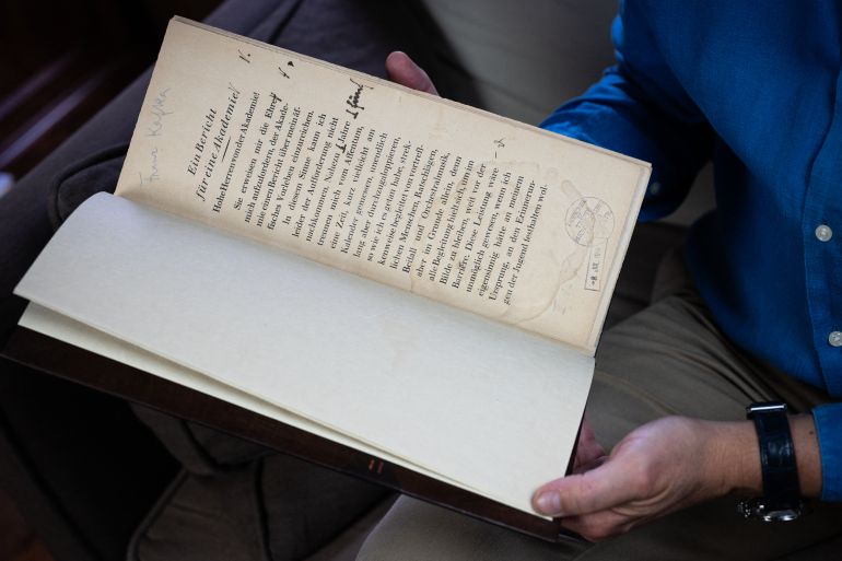 This photograph shows the cover of an original edition of "In the Penal Colony", written by Franz Kafka (1,000 copies printed in Leipzig in 1919) and dedicated "fur Oskar", ie to his friend writer Oskar Baum, in Paris, on May, 28 2025.