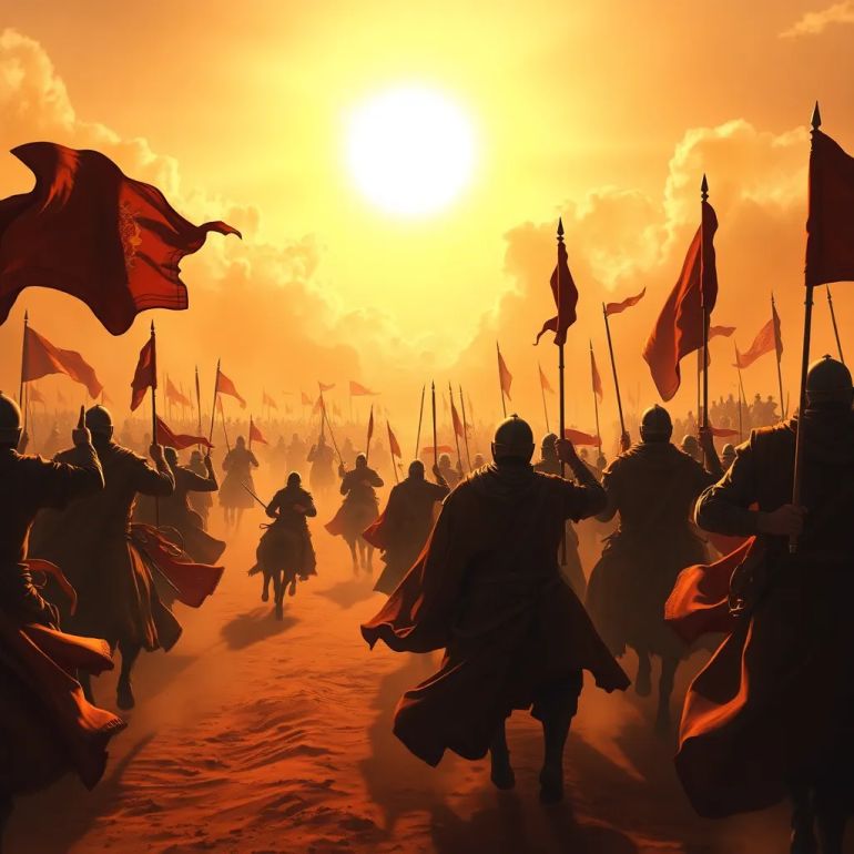 "Create a dramatic, detailed digital painting of an epic Islamic battle from the era of the Sahaba Scene description: A vast desert battlefield under a glowing sunrise or sunset. In the foreground, noble Muslim warriors in traditional Arab armor (flowing robes, leather shields, iron helmets, curved swords) are charging courageously. Their banners are flying. In the background, dust clouds rise as cavalry charges. The atmosphere is intense yet noble, emphasizing sacrifice, faith, and valor. Use warm golden tones mixed with the deep shadows of battle. Highlight the unity and spiritual strength of the Muslim fighters, avoiding unnecessary graphic violence. The scene should evoke a sense of honor, historical depth, and inspiration."