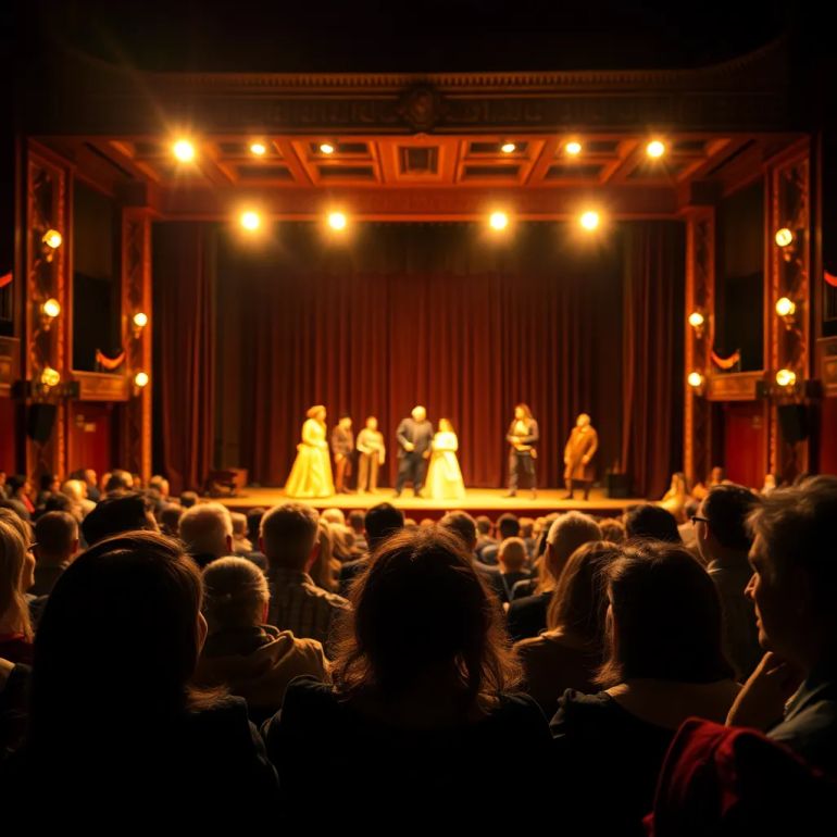 "A dramatic theater scene viewed from the audience perspective. The stage is brightly lit with actors performing an intense scene in historical or classical costumes. The audience sits in semi-darkness, faces illuminated by the glow of the stage, showing expressions of awe, excitement, and deep focus. Strong contrast between the warm lights of the stage and the darkened theater hall, creating an artistic and immersive atmosphere."