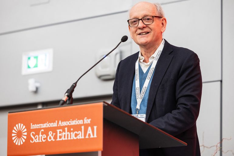 Professor of Computer Science, University of California, Berkeley and co-director of the International Association for Safe and Ethical AI (IASEAI) Stuart Russell, delivers a speech during the inaugural conference (IASEAI25) at the Organisation for Economic Co-operation and Development (OECD) center in Paris on February 6, 2025