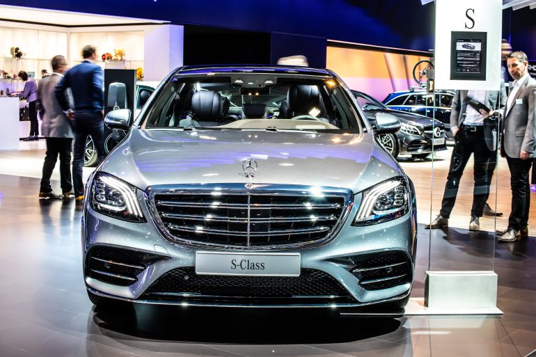 Brussels, Belgium, Jan 18, 2019: metallic silver Mercedes Benz S 560e sedan limousine at Brussels Motor Show, s-class car produced by Mercedes-Benz