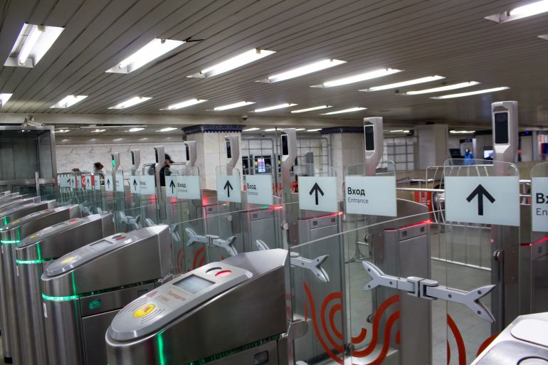 Russia, Moscow, October 31, 2021: Devices for Face Pay - paying for subway rides using face recognition